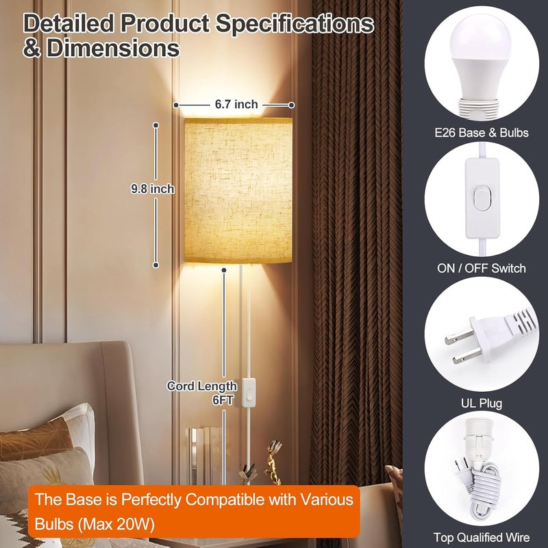 Yunaking Plug in Wall Sconces Set of Two: Wall Lights with On/Off Switch - Stepless Color Temperature Wall Mount Lamps - Fabric Linen Wall Sconce for Bedroom Living Room & Hallway- Indoor Corded Wall Sconces - Image 5